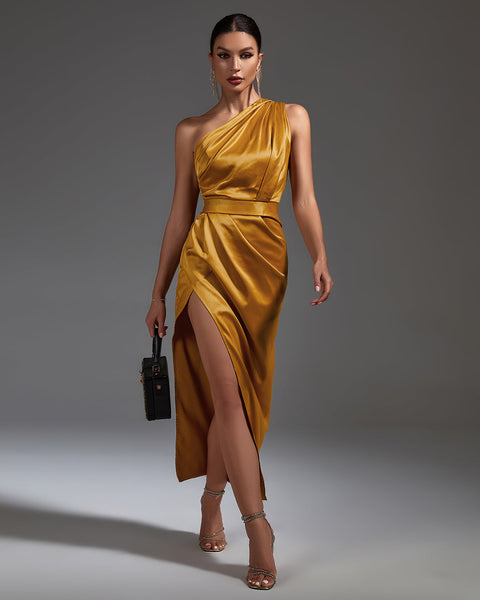 Elegant one-shoulder satin dress with pearl accents