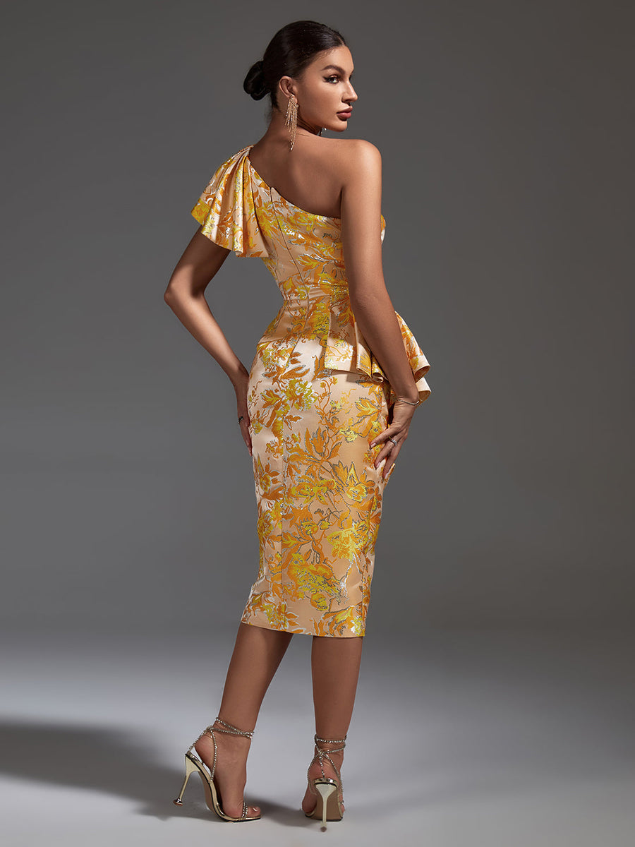 Elegant Midi Bodycon Dress with Slanted Shoulders and Attractive Slit