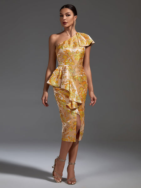 Elegant Midi Bodycon Dress with Slanted Shoulders and Attractive Slit