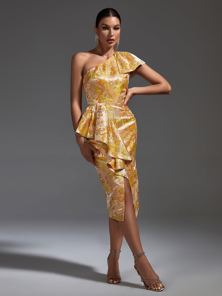 Elegant Midi Bodycon Dress with Slanted Shoulders and Attractive Slit