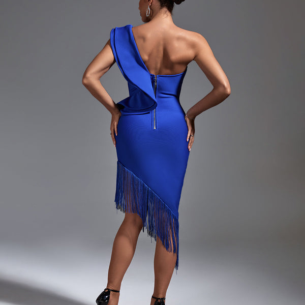 One Shoulder Tassels Midi Bandage Dress