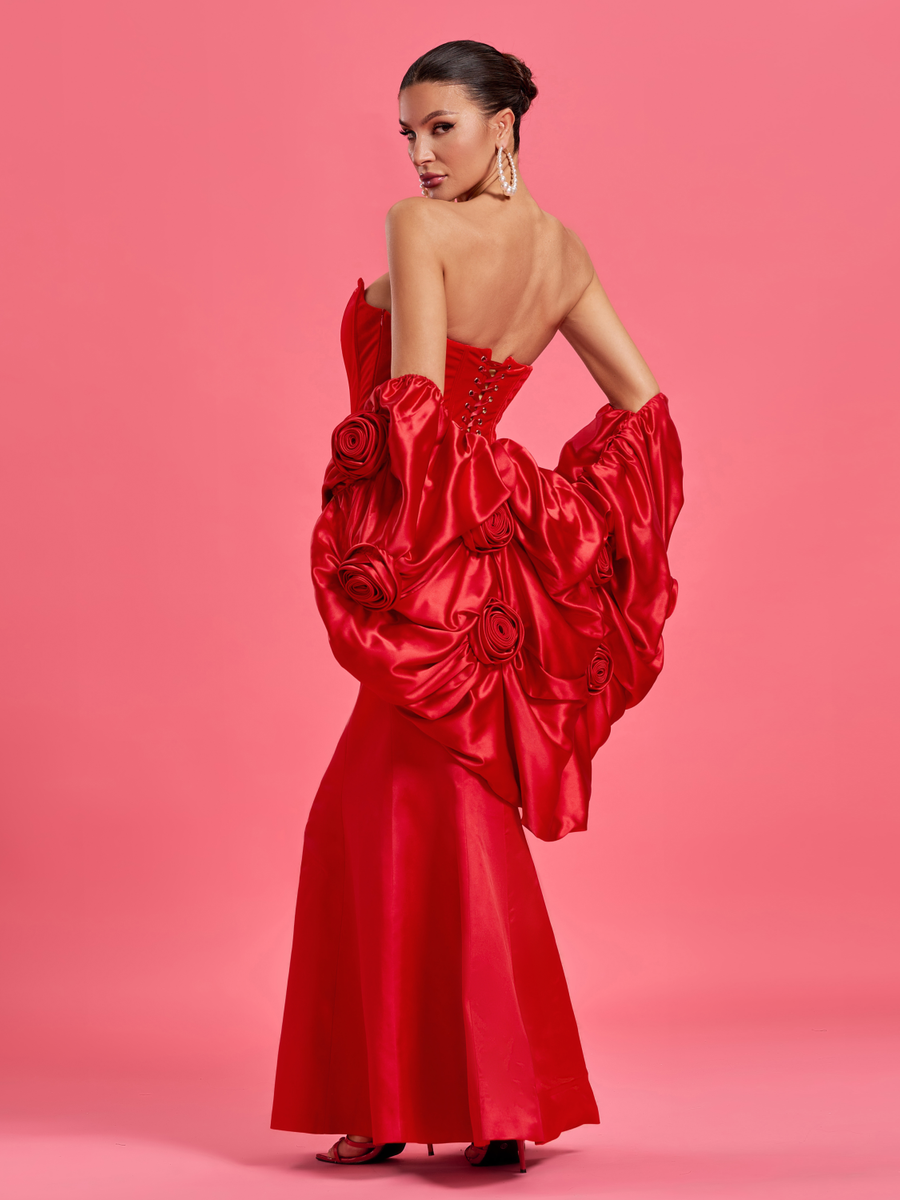 Red satin wedding hat with elegant puffed cape
