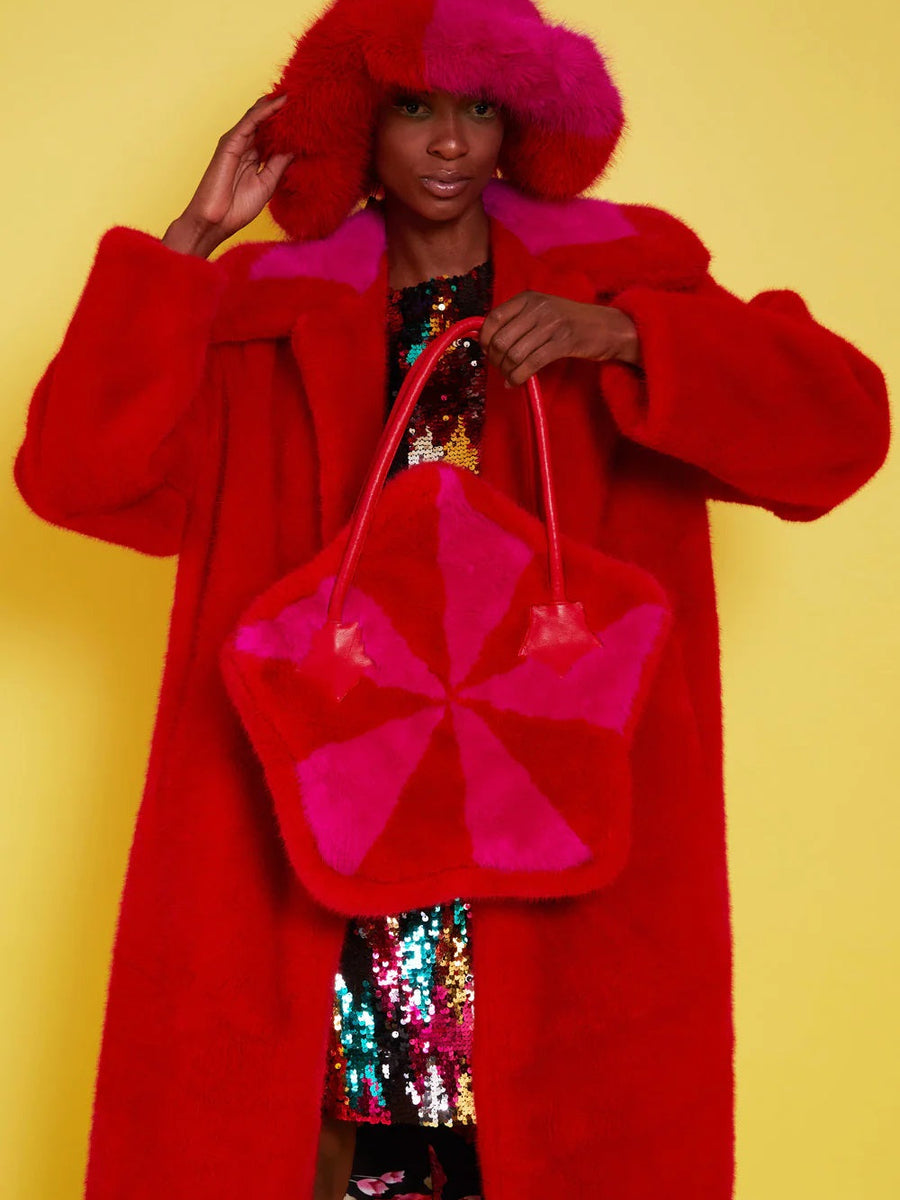 Bamboo Faux Fur Red Midi Coat with Pink Collar-1
