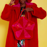 Bamboo Faux Fur Red Midi Coat with Pink Collar-1
