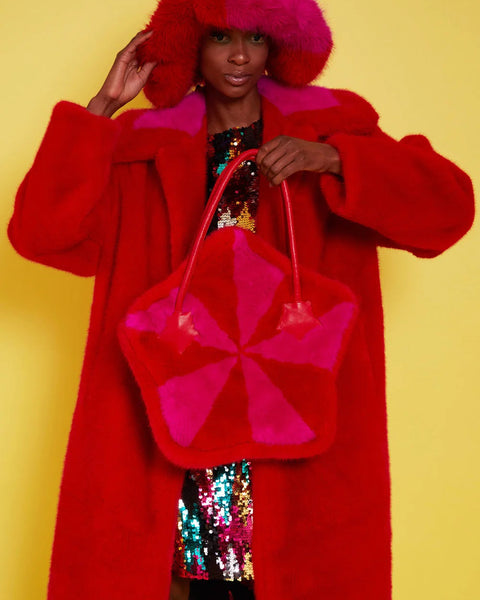 Bamboo Faux Fur Red Midi Coat with Pink Collar-1