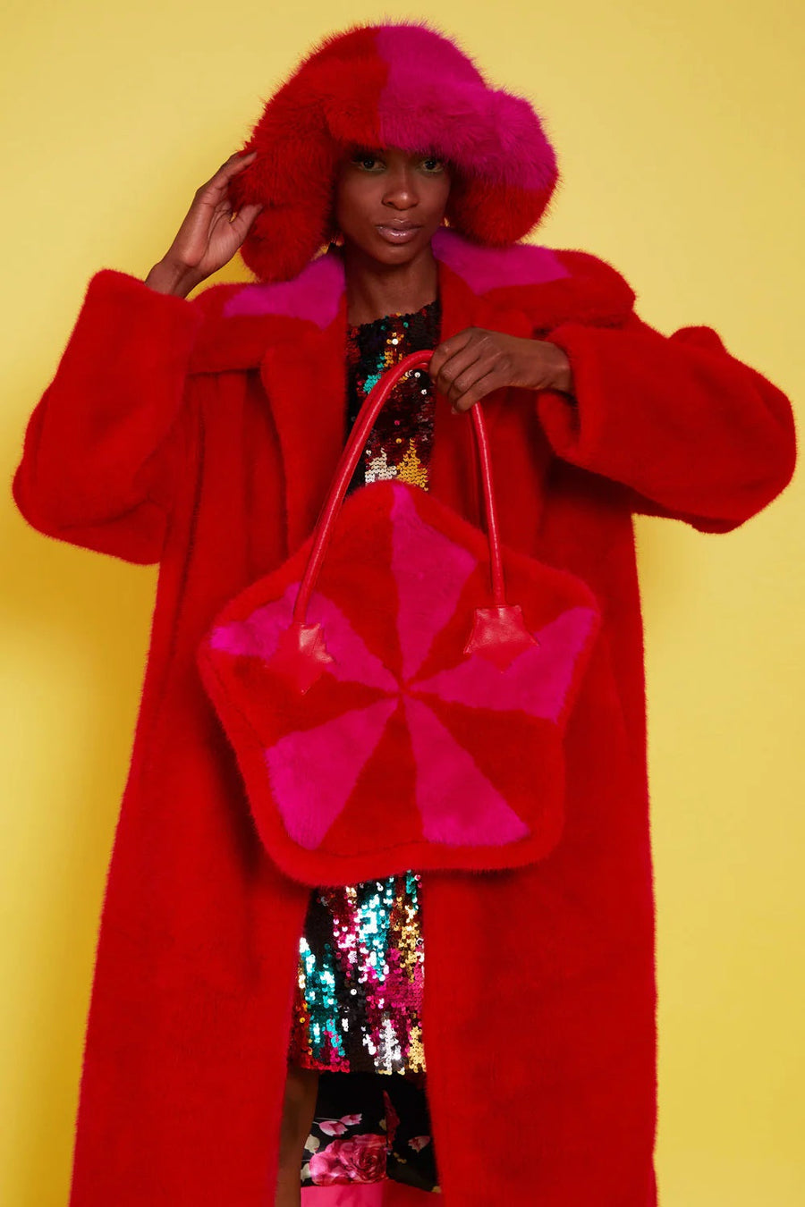 Melisande Beaumont — Bamboo Faux Fur Red Midi Coat with Pink Collar, alternate view 2