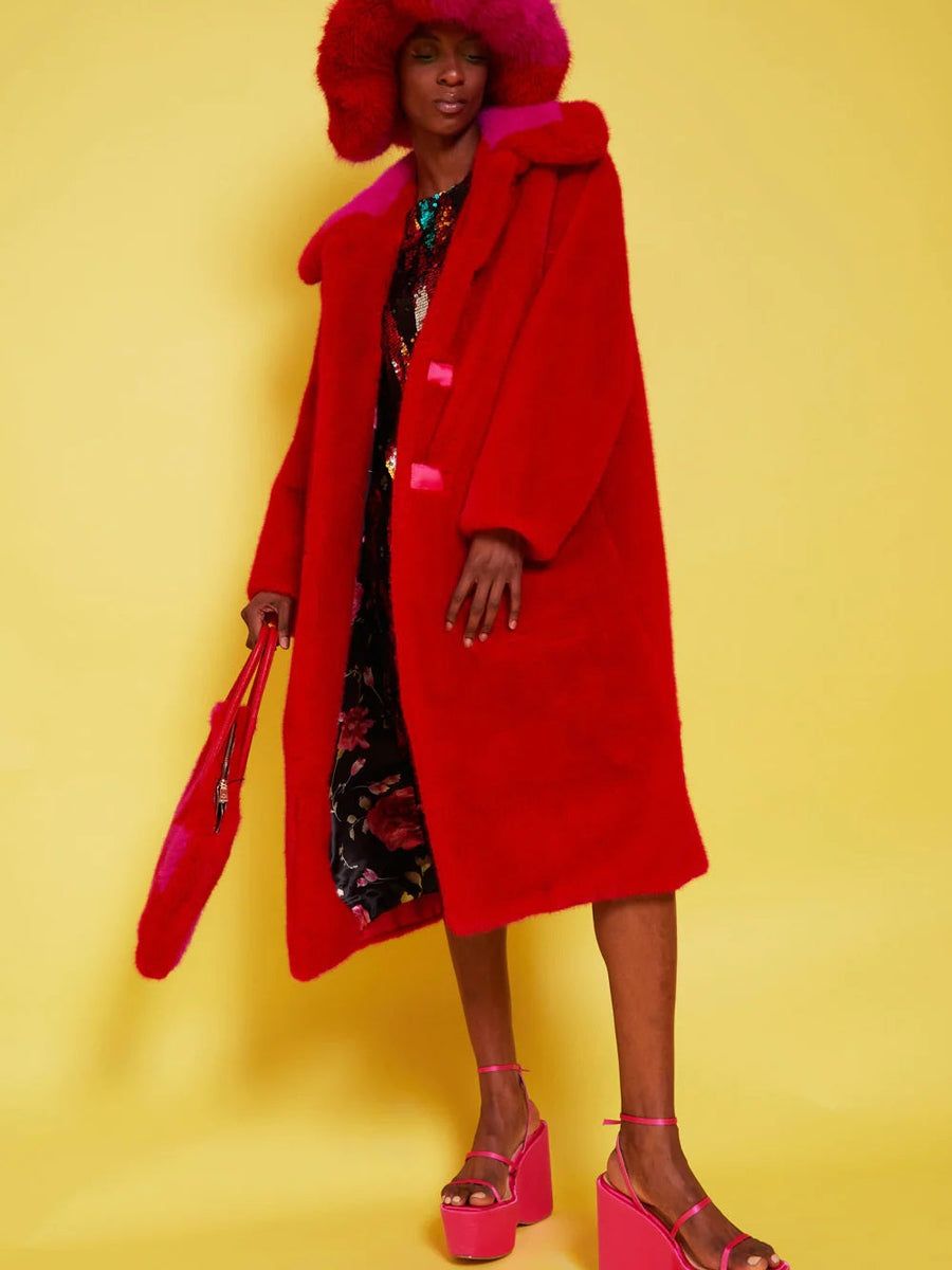 Bamboo Faux Fur Red Midi Coat with Pink Collar-2