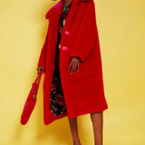 Bamboo Faux Fur Red Midi Coat with Pink Collar-2