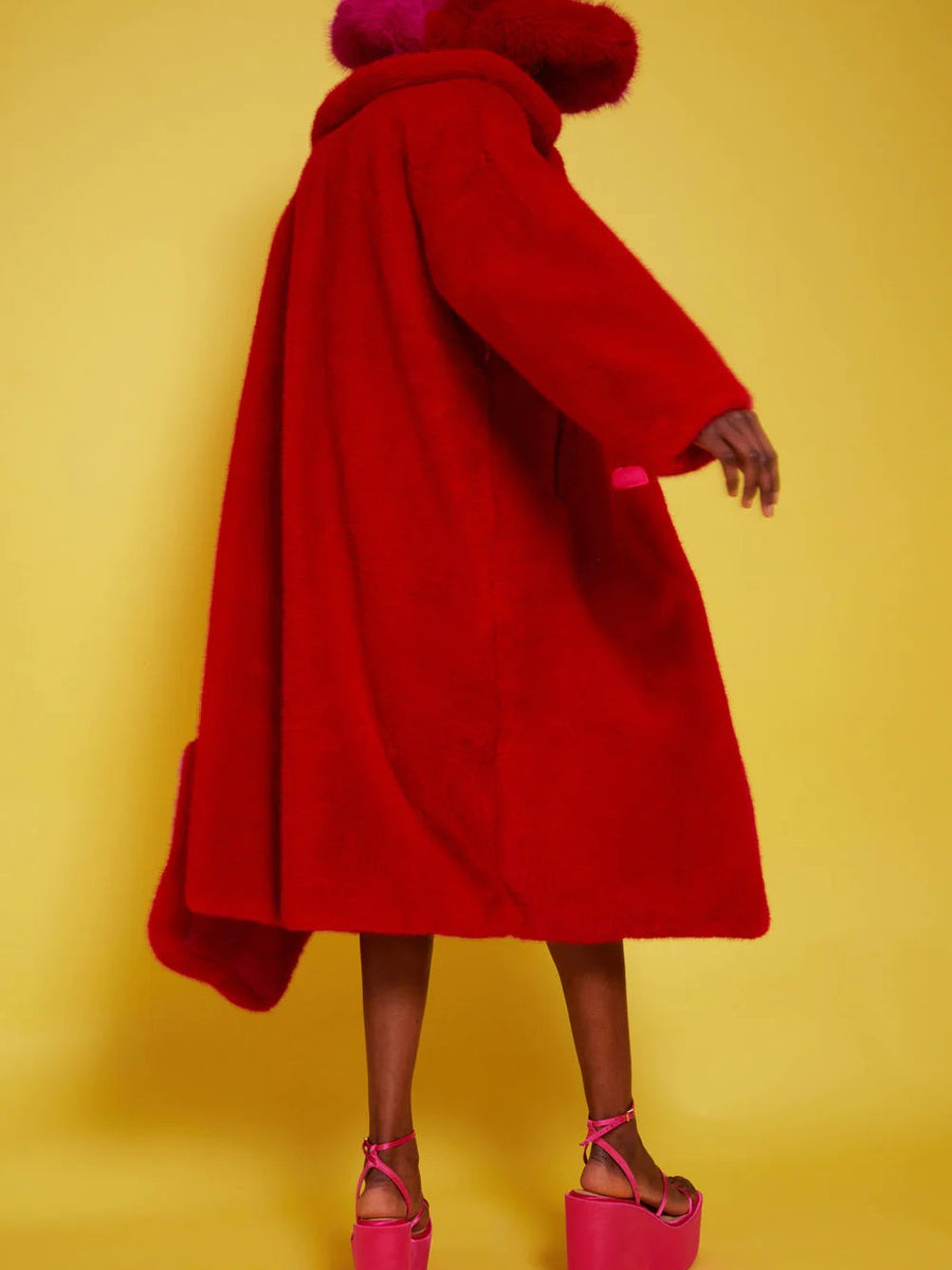 Bamboo Faux Fur Red Midi Coat with Pink Collar-3