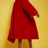 Bamboo Faux Fur Red Midi Coat with Pink Collar-3