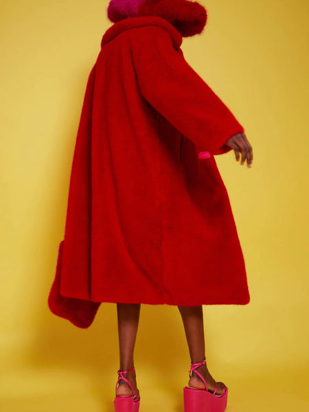 Bamboo Faux Fur Red Midi Coat with Pink Collar-3