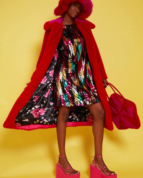 Bamboo Faux Fur Red Midi Coat with Pink Collar-0