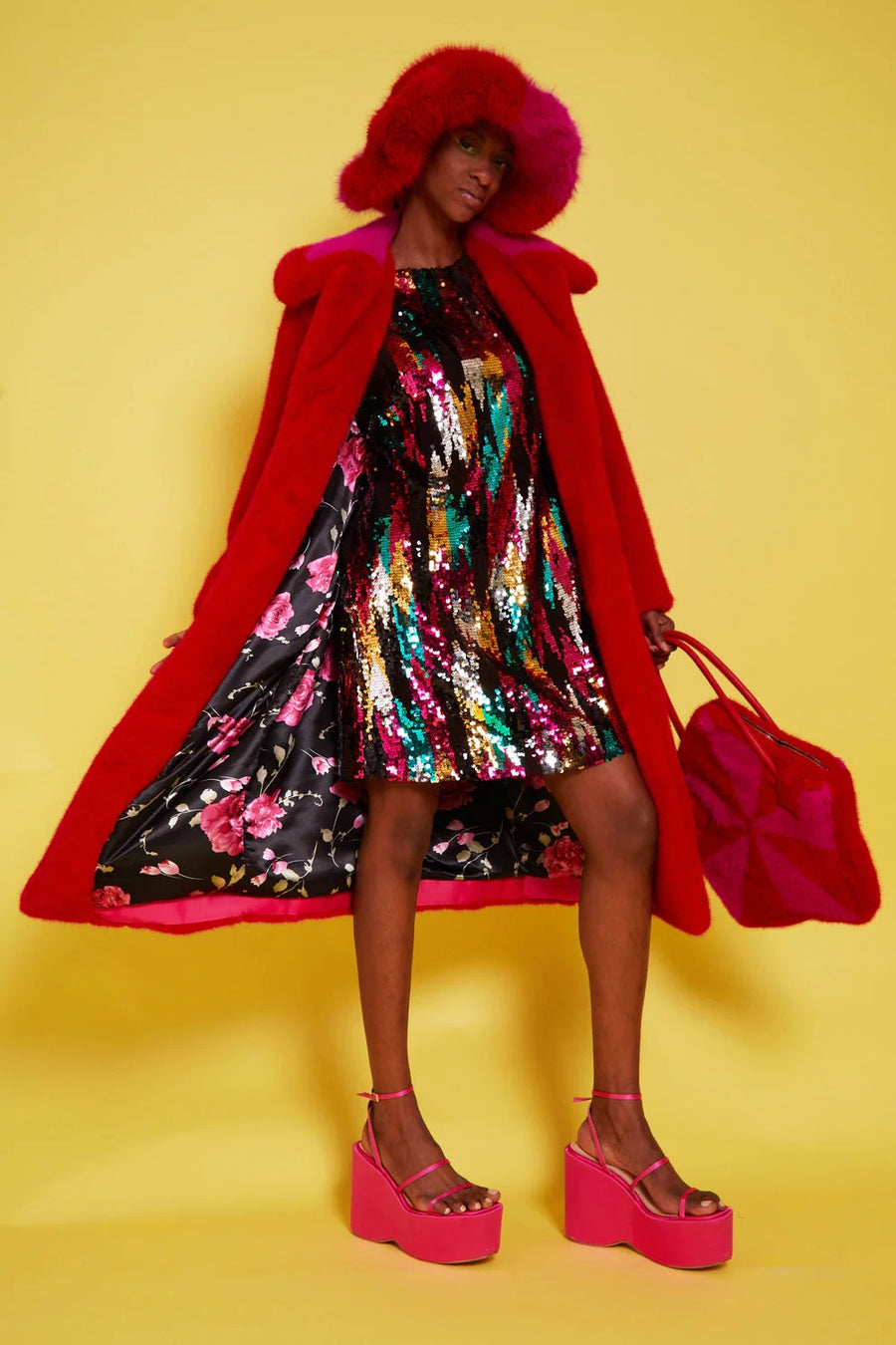 Melisande Beaumont — Bamboo Faux Fur Red Midi Coat with Pink Collar