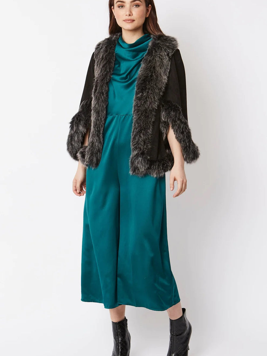 Black Faux Fur Suede Cape Jacket-1