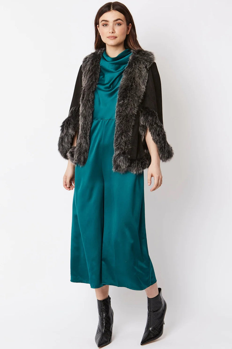 Rosamund Beaumont — Black Faux Fur Suede Cape Jacket, alternate view 2