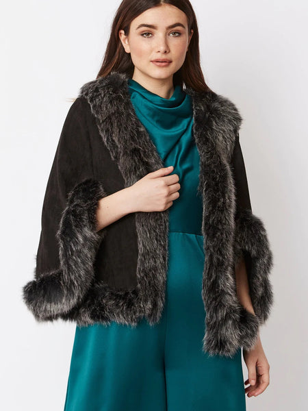 Black Faux Fur Suede Cape Jacket-0