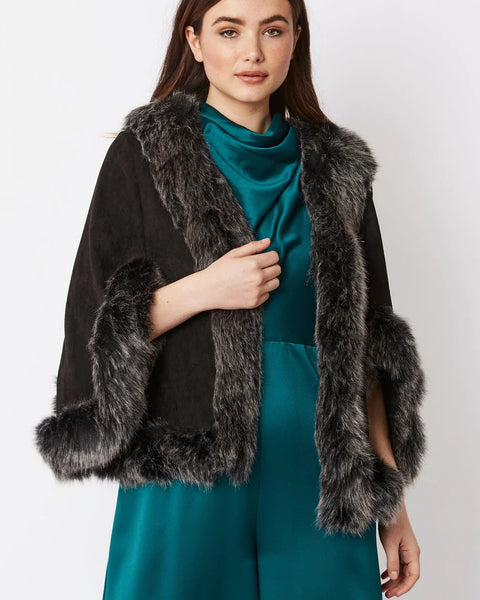 Black Faux Fur Suede Cape Jacket-0