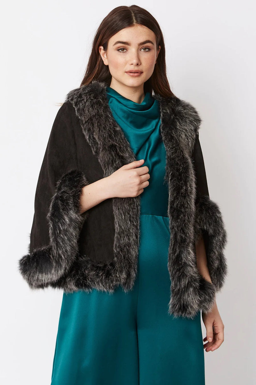Rosamund Beaumont — Black Faux Fur Suede Cape Jacket