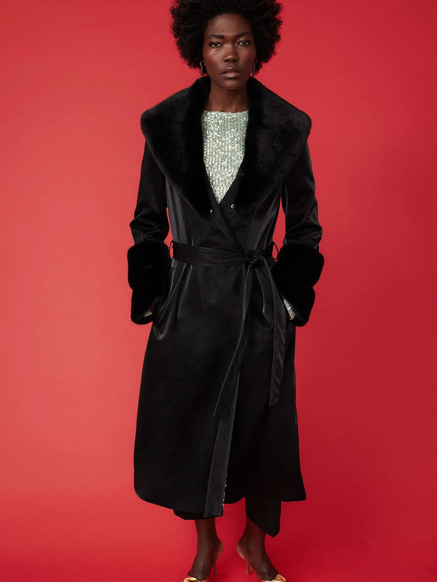 Black Faux Leather Trench Coat with Faux Fur Collar and Cuffs-1