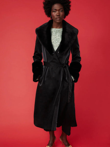 Black Faux Leather Trench Coat with Faux Fur Collar and Cuffs-1