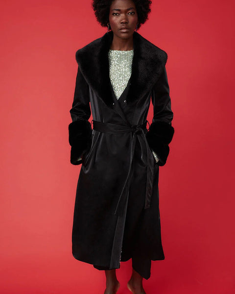 Black Faux Leather Trench Coat with Faux Fur Collar and Cuffs-1