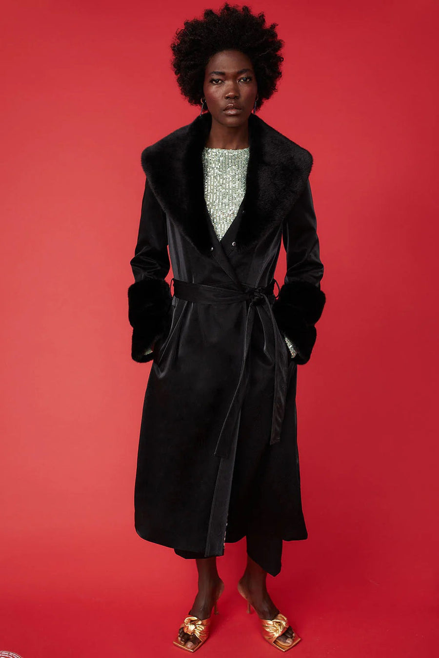 Kalliope — Black Faux Leather Trench Coat with Faux Fur Collar and Cuffs, alternate view 2