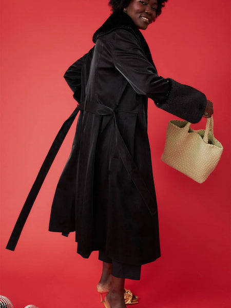 Black Faux Leather Trench Coat with Faux Fur Collar and Cuffs-2