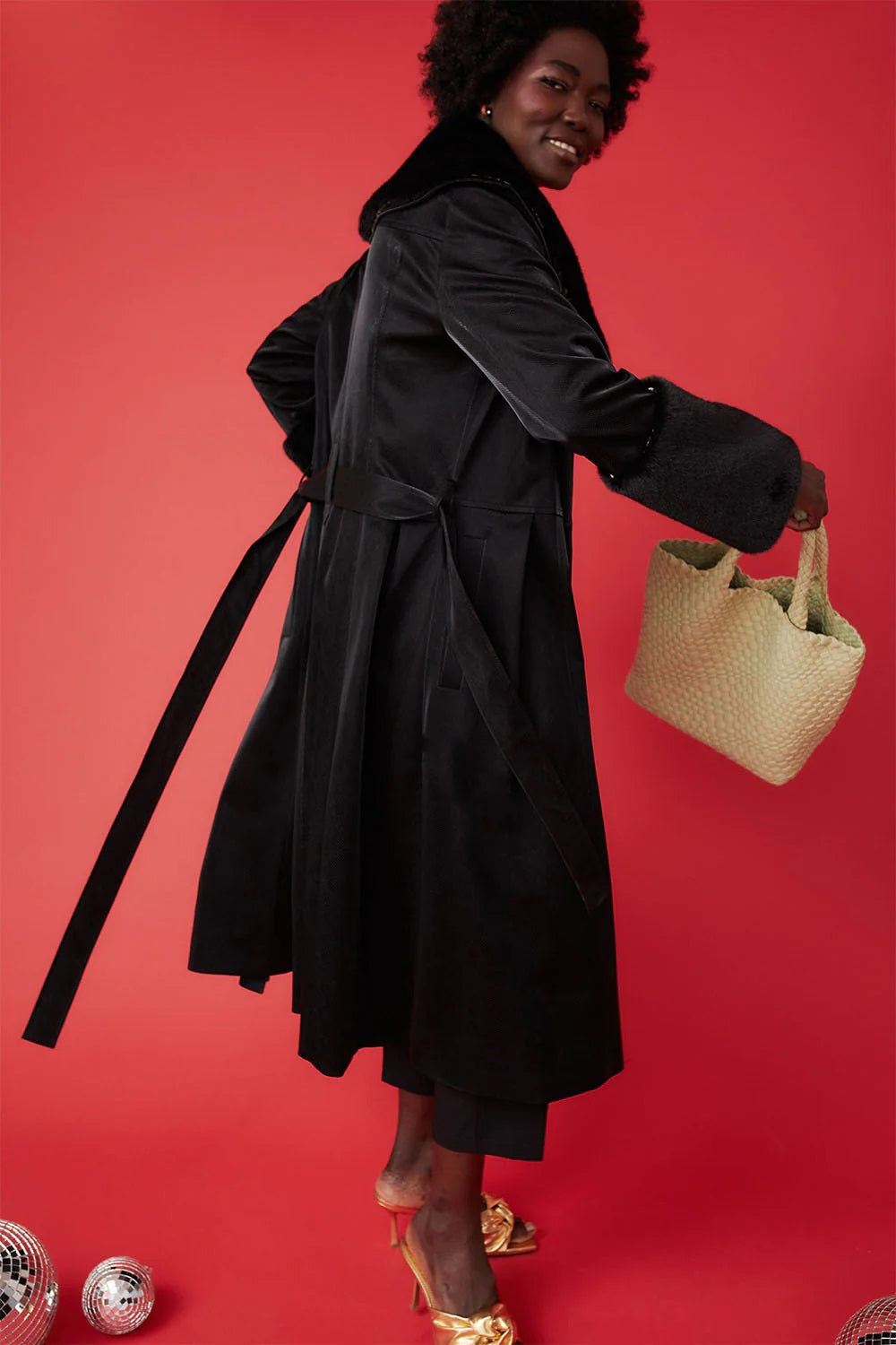 Kalliope — Black Faux Leather Trench Coat with Faux Fur Collar and Cuffs, alternate view 3
