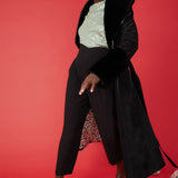 Black Faux Leather Trench Coat with Faux Fur Collar and Cuffs-0