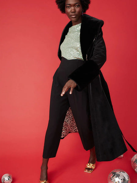 Black Faux Leather Trench Coat with Faux Fur Collar and Cuffs-0