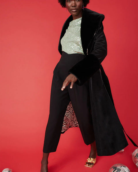 Black Faux Leather Trench Coat with Faux Fur Collar and Cuffs-0