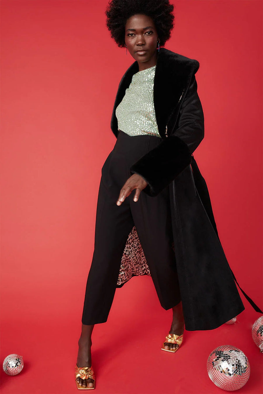 Kalliope — Black Faux Leather Trench Coat with Faux Fur Collar and Cuffs