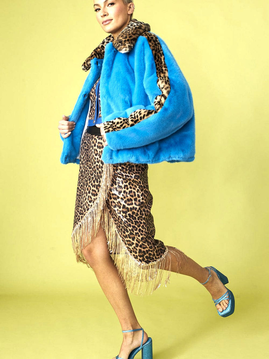Blue and Leopard Print Faux Fur Coat