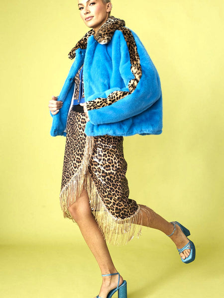 Blue and Leopard Print Faux Fur Coat