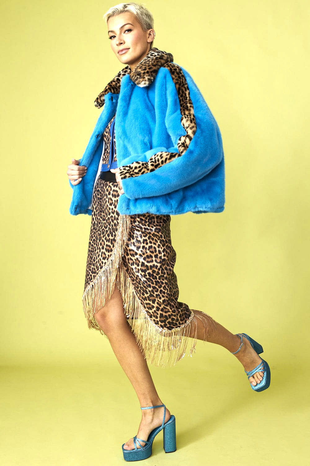 Isabeau — Blue and Leopard Print Faux Fur Coat, alternate view 4