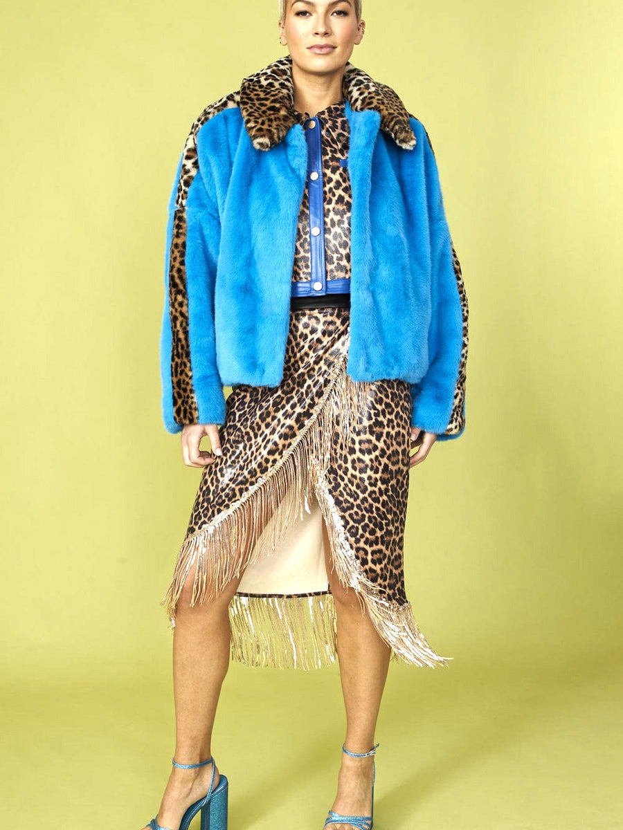 Blue and Leopard Print Faux Fur Coat