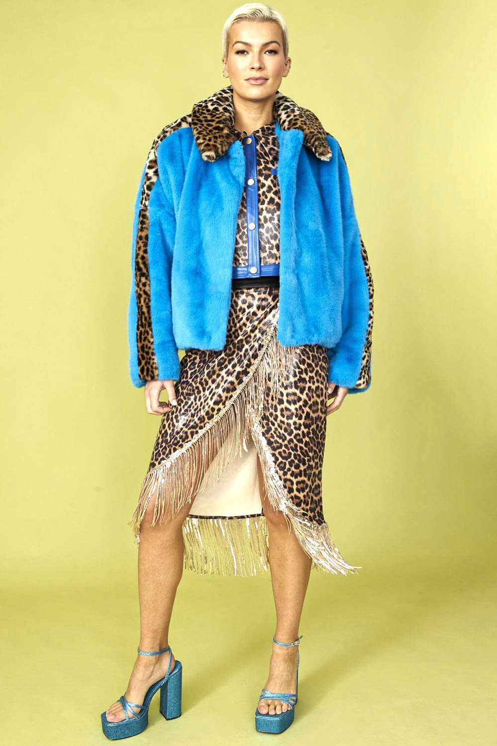 Isabeau — Blue and Leopard Print Faux Fur Coat