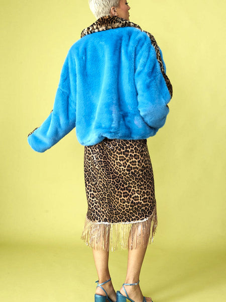 Blue and Leopard Print Faux Fur Coat