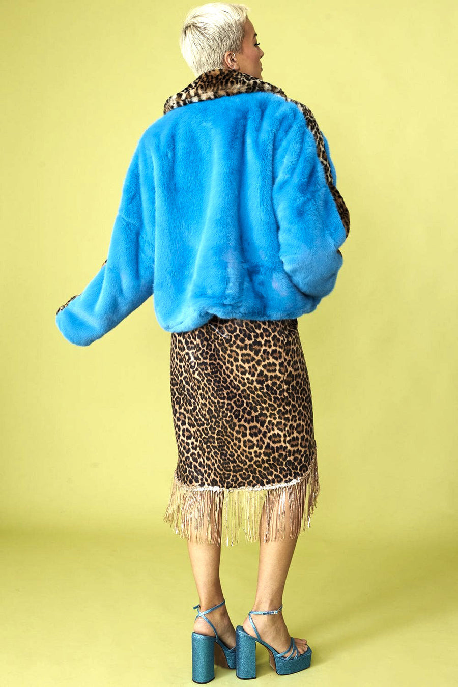 Isabeau — Blue and Leopard Print Faux Fur Coat, alternate view 2