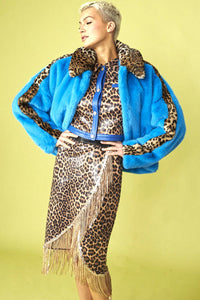 Isabeau — Blue and Leopard Print Faux Fur Coat, alternate view 3