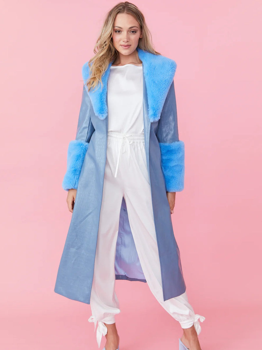 Blue Faux Leather Jacket with Detachable Faux Fur Cuffs and Collar-1