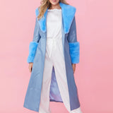 Blue Faux Leather Jacket with Detachable Faux Fur Cuffs and Collar-1