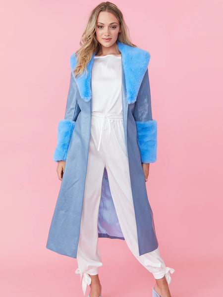 Blue Faux Leather Jacket with Detachable Faux Fur Cuffs and Collar-1
