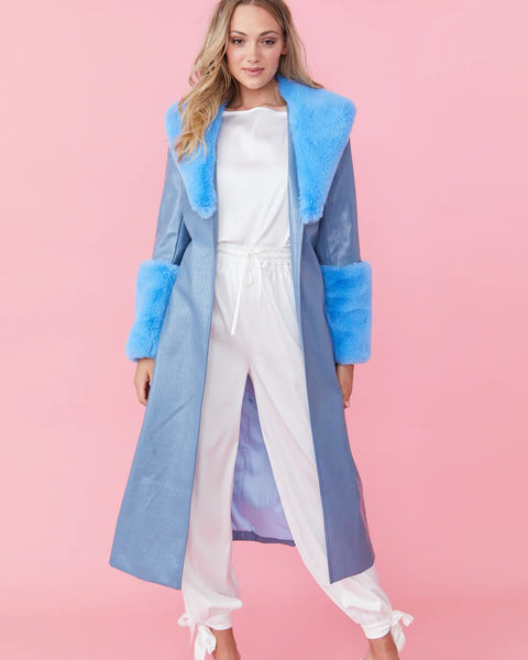 Blue Faux Leather Jacket with Detachable Faux Fur Cuffs and Collar-1