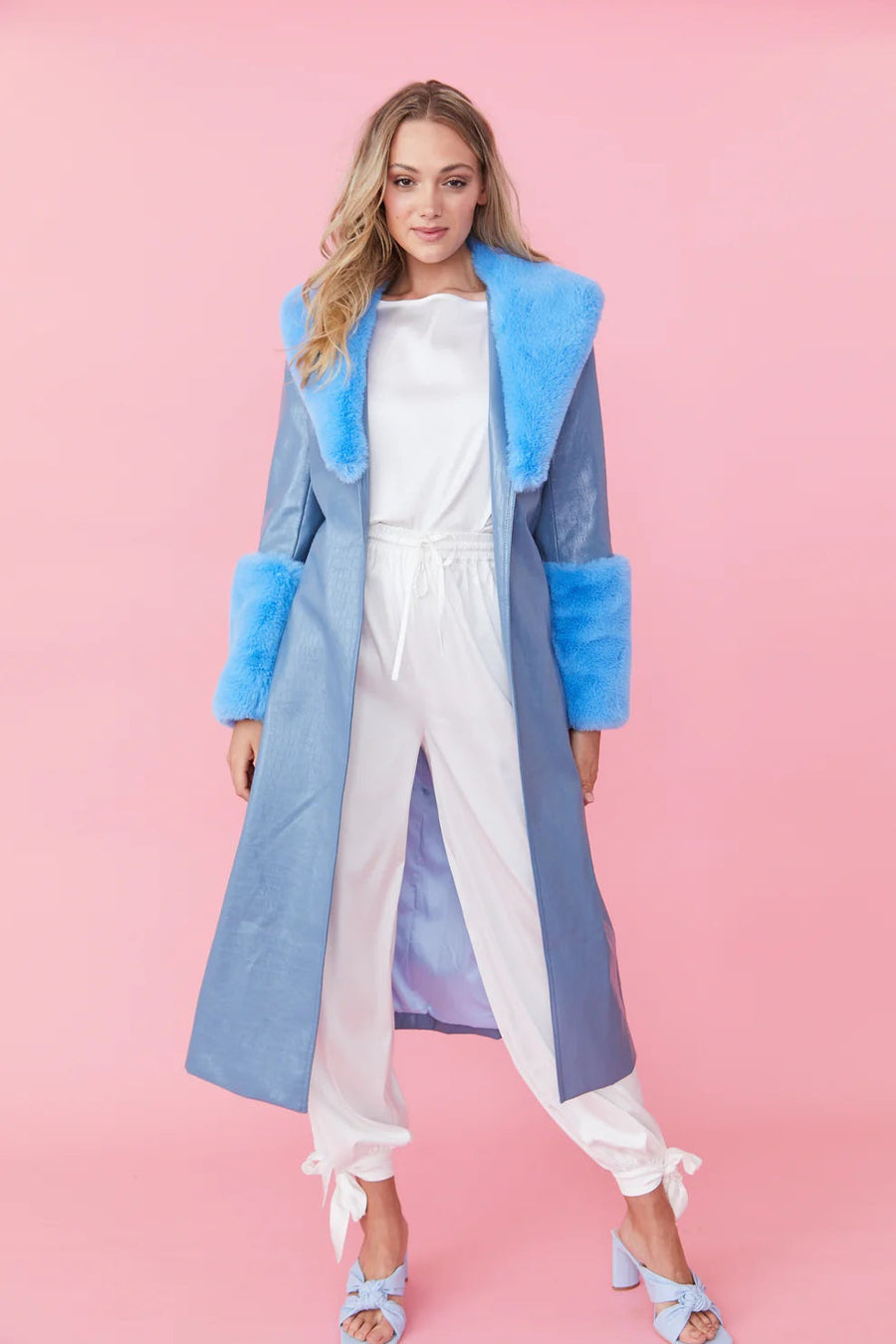 Pascale Beaumont — Blue Faux Leather Jacket with Detachable Faux Fur Cuffs and Collar, alternate view 2