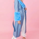 Blue Faux Leather Jacket with Detachable Faux Fur Cuffs and Collar-2