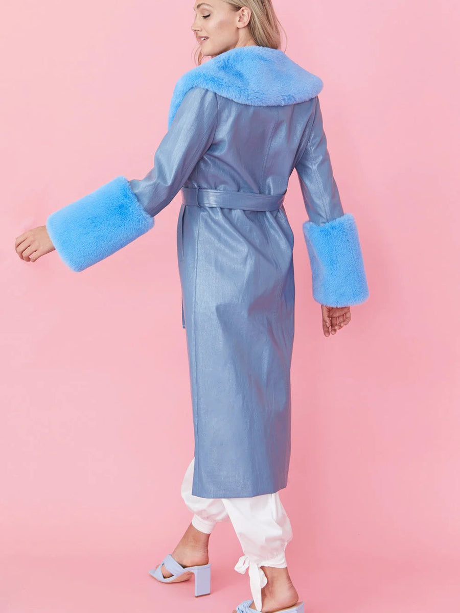 Blue Faux Leather Jacket with Detachable Faux Fur Cuffs and Collar-3