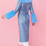 Blue Faux Leather Jacket with Detachable Faux Fur Cuffs and Collar-3