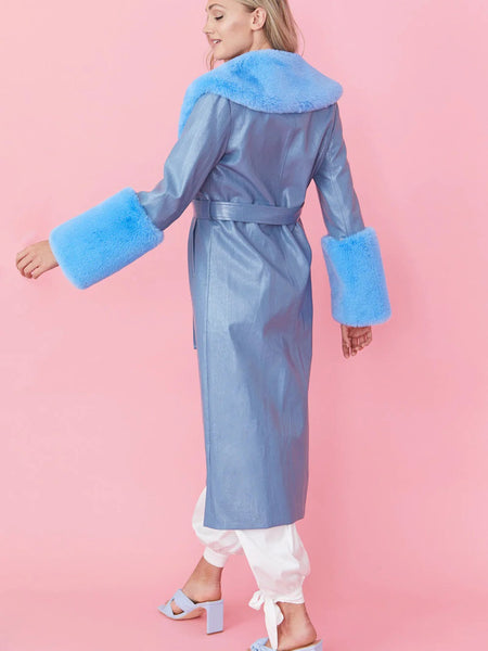 Blue Faux Leather Jacket with Detachable Faux Fur Cuffs and Collar-3