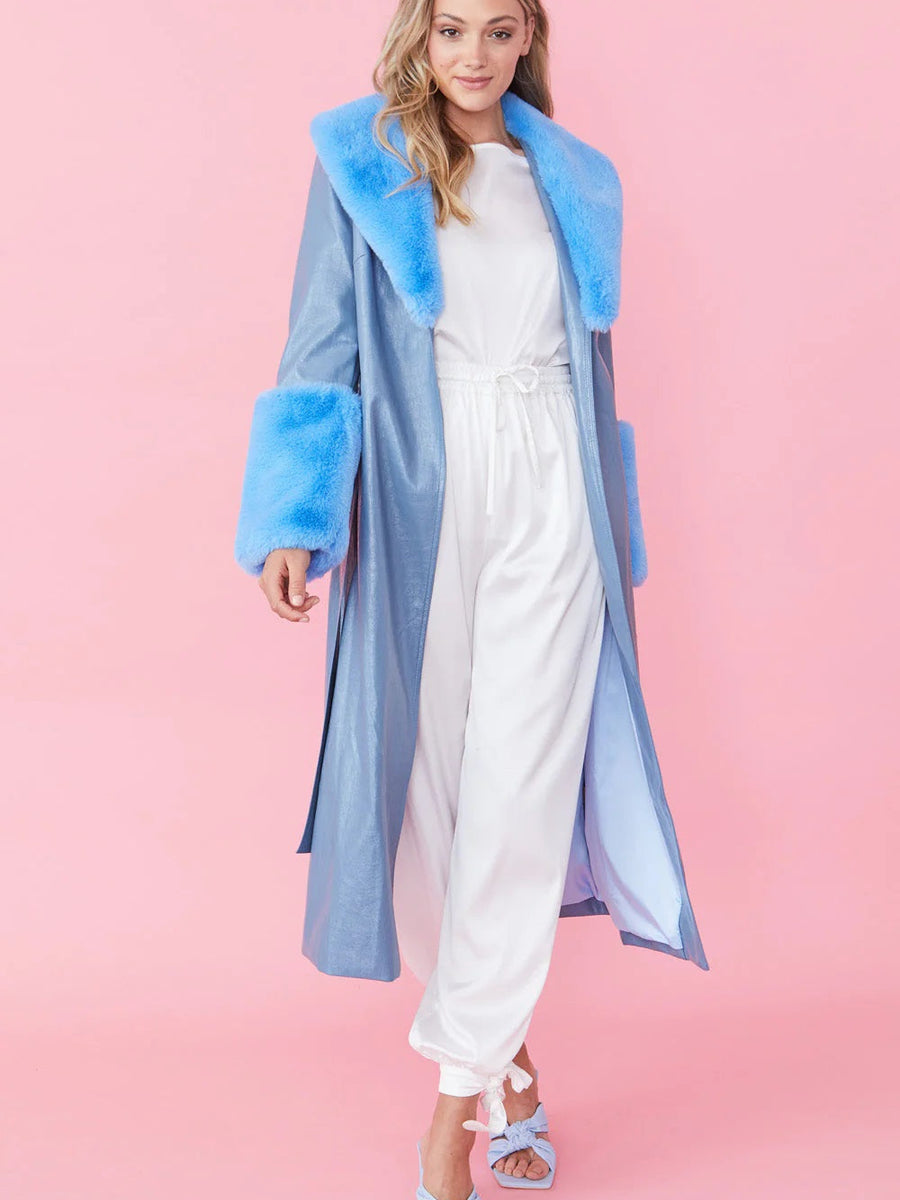 Blue Faux Leather Jacket with Detachable Faux Fur Cuffs and Collar-0